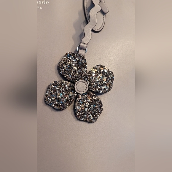 GUC Kate Spade large leather lavender tote zip top gray glitter flower charm - Picture 7 of 16